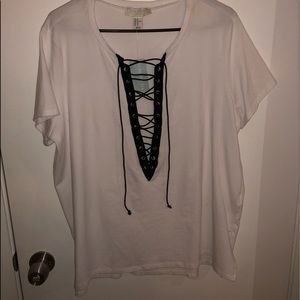 White shirt with criss-cross chest